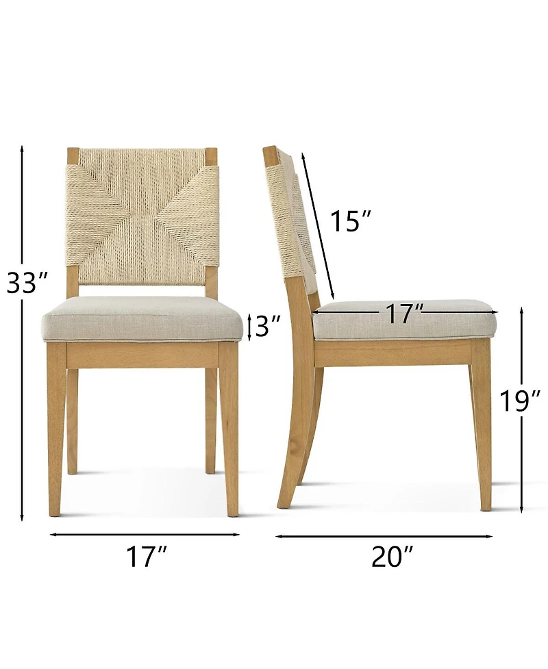Maison Boucle Woven Rope Back Linen Upholstered Solid Wood Dining Chairs, Set of 2