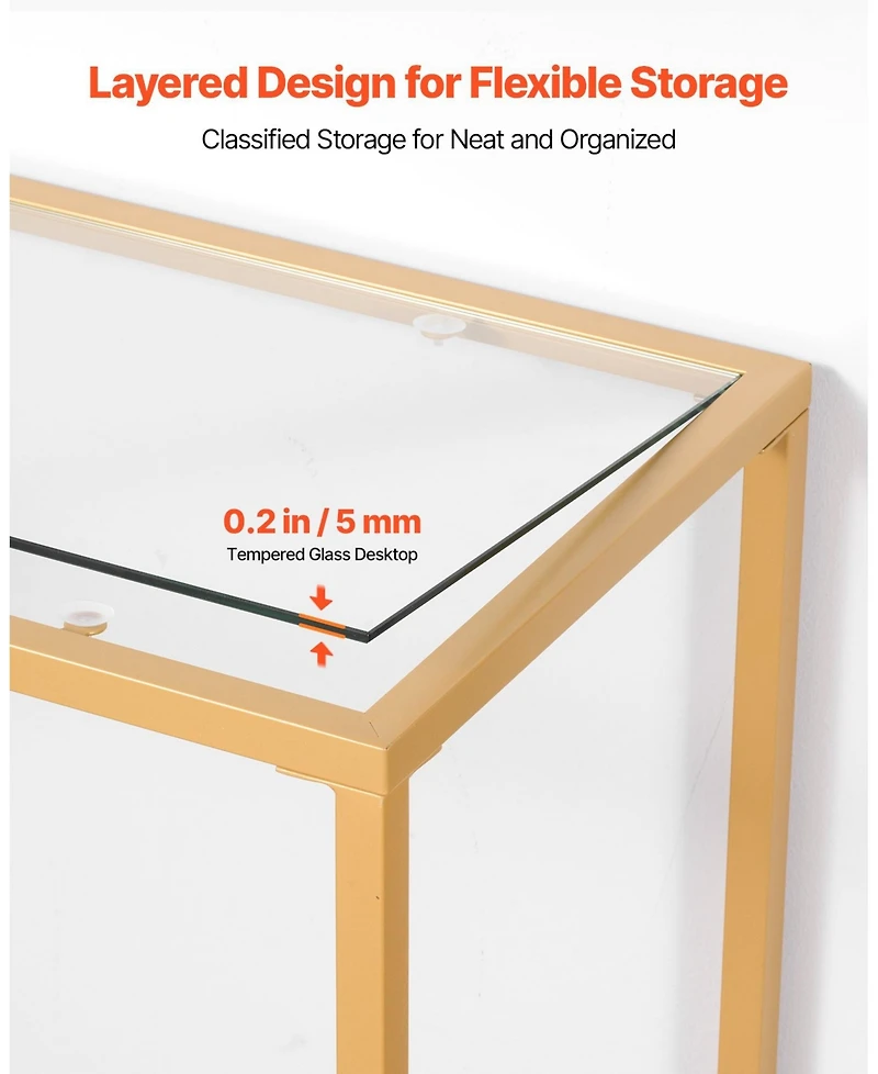 Gouun Tempered Glass 2-Tier Console Table with Metal Frame and Anti-Tip Device