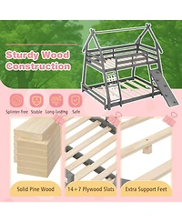 Sugift Twin Over Queen Wooden Bunk Bed with Climbing Net and Ramp