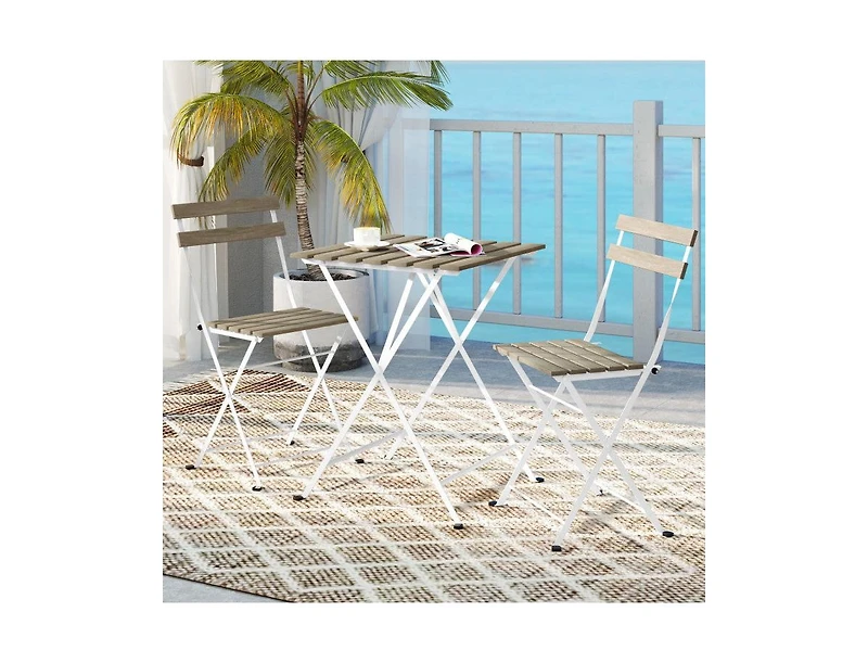 Lucky One 3 Piece Patio Acacia Wood Bistro Set Folding Chairs Slatted Tabletop