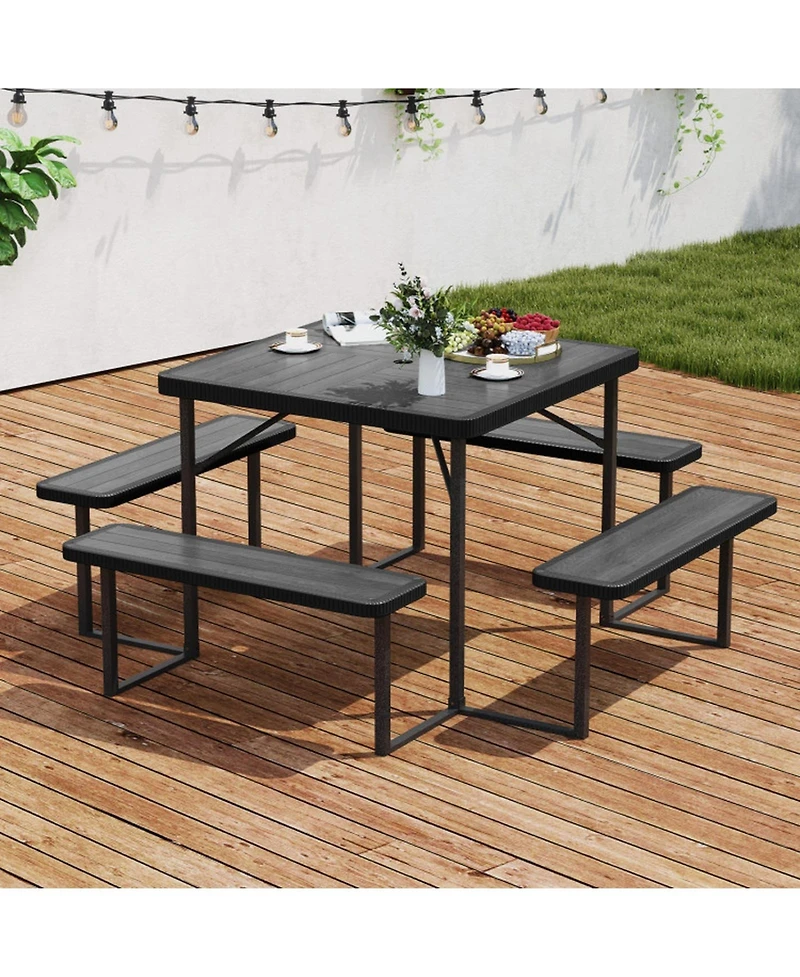 Gouun Square Outdoor Picnic Table Bench Set for 4-8 People with Hdpe Top and Umbrella Hole