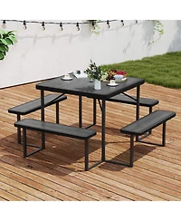 Gouun Square Outdoor Picnic Table Bench Set for 4-8 People with Hdpe Top and Umbrella Hole