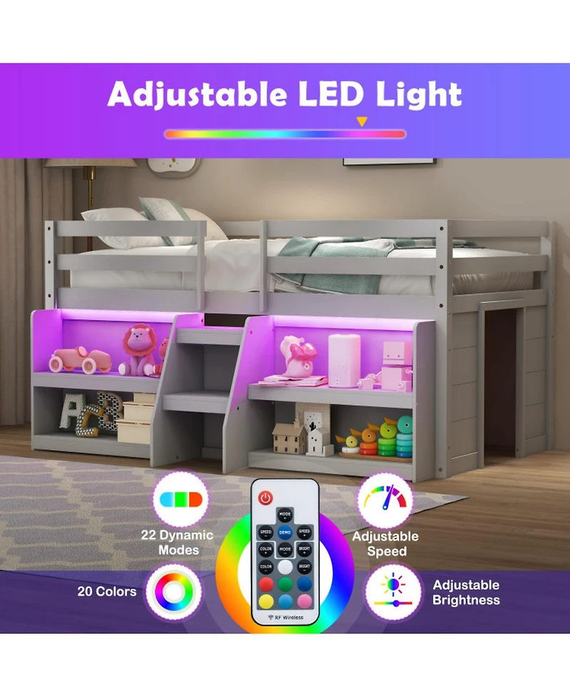 Gouun Led Twin Loft Bed with Staircase and Bookcase Storage