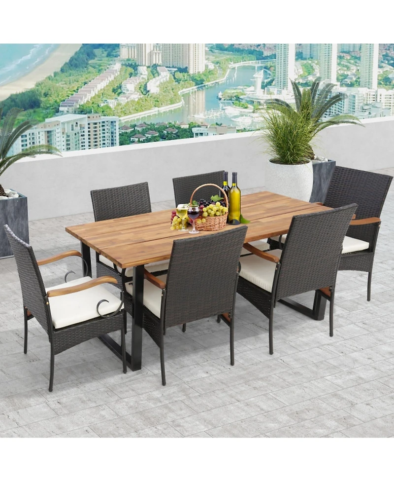 Gouun 7-Piece Patio Rattan Dining Set with 69 in Acacia Wood Table and 6 Cushioned Chairs