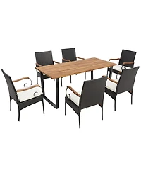 Gouun 7-Piece Patio Rattan Dining Set with 69 in Acacia Wood Table and 6 Cushioned Chairs