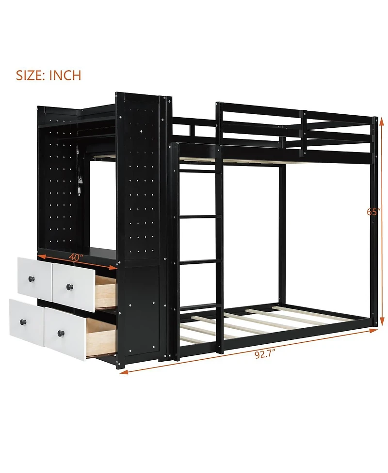 Streamdale Furniture Bunk Bed with 4 Drawers, Rail, Light, Shelves, Pegboards