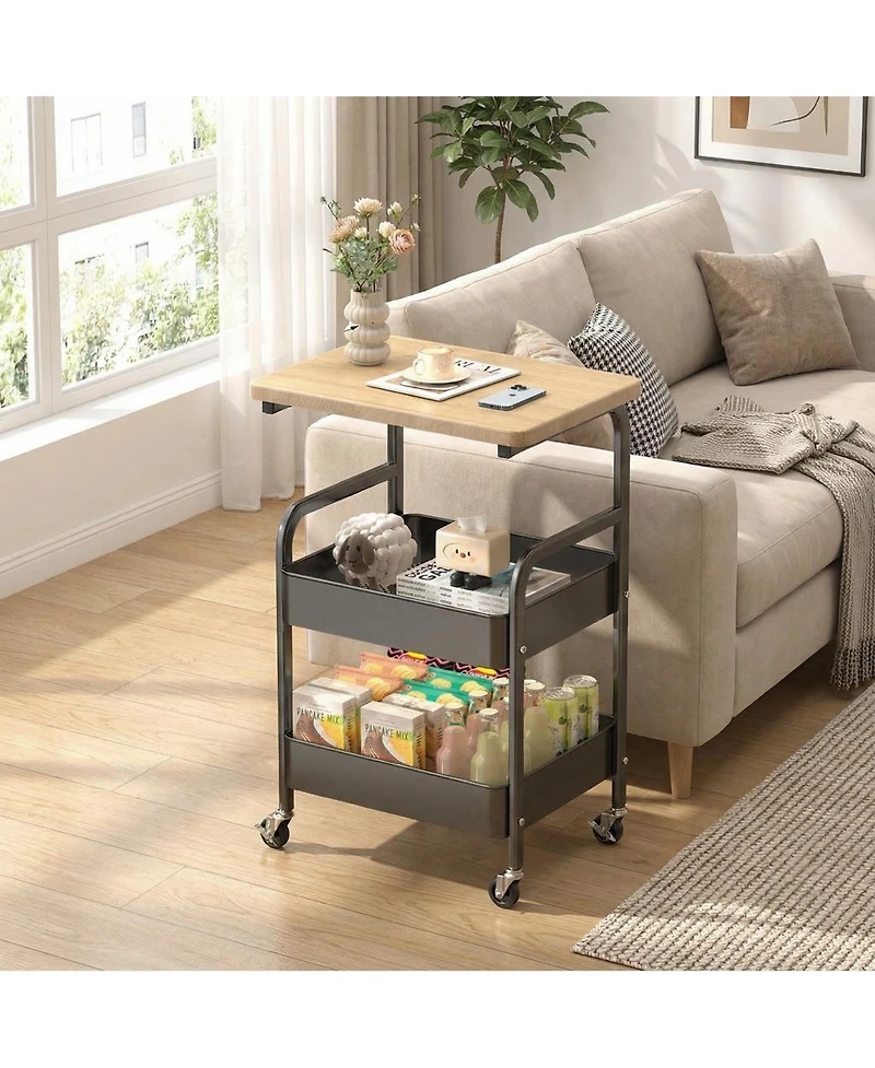 Homfan Sturdy 3-Tier Metal Utility Cart with Wooden Tabletop - Lockable Wheels, Multipurpose Storage Shelf