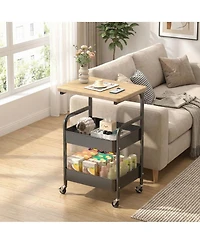 Homfan Sturdy 3-Tier Metal Utility Cart with Wooden Tabletop - Lockable Wheels, Multipurpose Storage Shelf