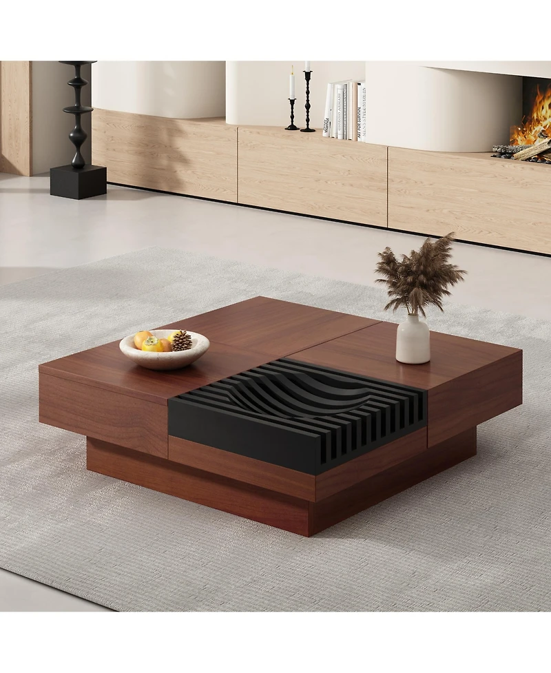 Rainsken Modern Extendable Coffee Table with Storage, Multi-Functional Sliding Top Center Table with Drawers for Living Room