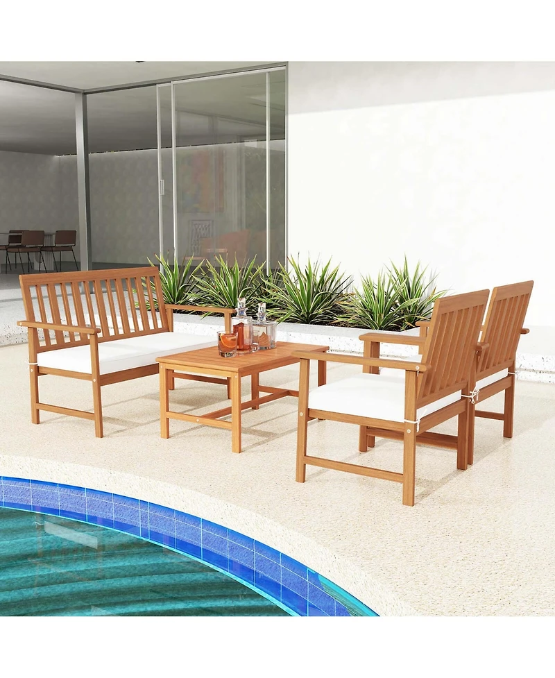 Costway Acacia Wood Furniture Set Coffee Table & 2 Armchairs with Seat Cushions