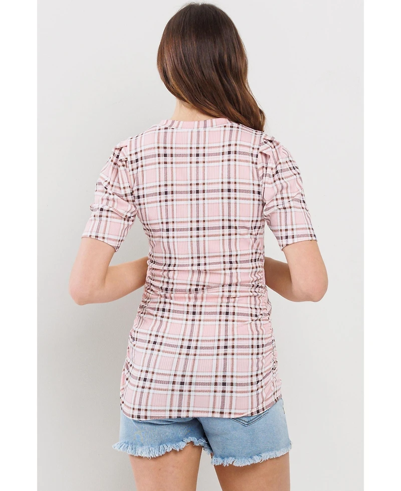 Hello Miz Maternity Plaid Ruched Puff Sleeve Fitted Top
