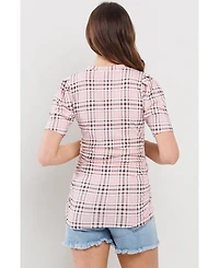 Hello Miz Maternity Plaid Ruched Puff Sleeve Fitted Top