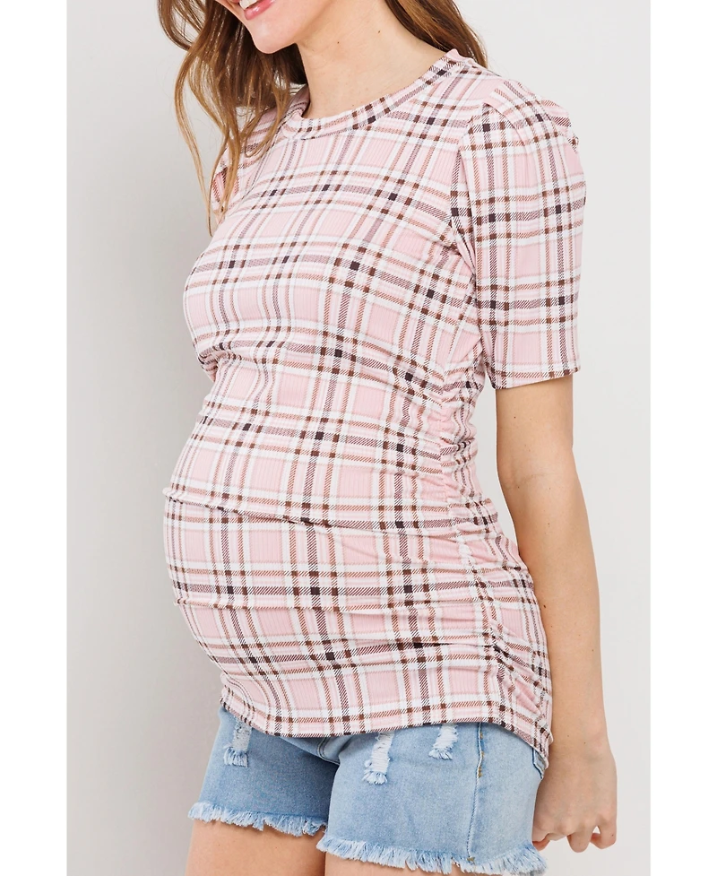 Hello Miz Maternity Plaid Ruched Puff Sleeve Fitted Top