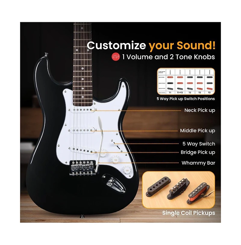 Pyle St Style Electric Guitar Kit with 5W Amplifier and Accessories- High Gloss
