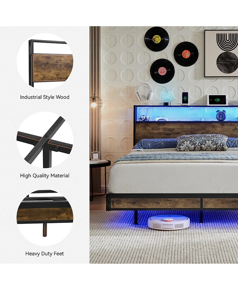 Sailvan Bed Frame With Led Lights, Industrial Platform Bed With Charging Station