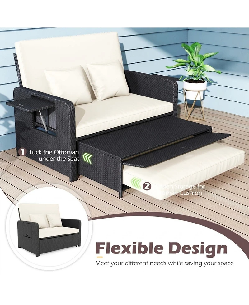 Gouun Pe Wicker Outdoor Daybed with 4-Level Adjustable Backrest and Ottoman