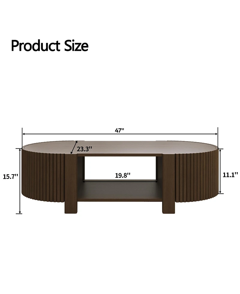 Rainsken Oval Coffee Table with Storage, Fluted Center Table with Shelves and 2 Open Doors, 47" Mid Century Modern Coffee Table for Living Room