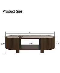 Rainsken Oval Coffee Table with Storage, Fluted Center Table with Shelves and 2 Open Doors, 47" Mid Century Modern Coffee Table for Living Room