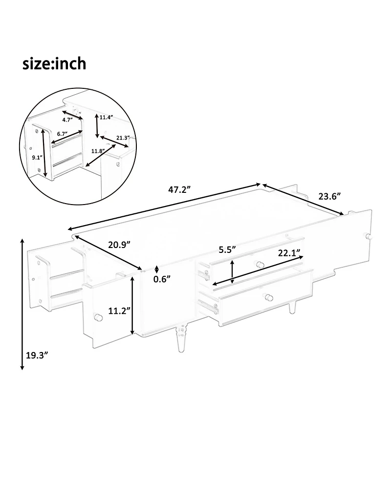 Rainsken 47.2" Modern Wooden Rectangular Coffee Table, Center Table with 4 Drawers and 2 Side Hidden Storage Compartments for Living Room