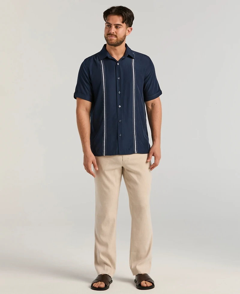 Cubavera Men's Pick Stitch Panel Short Sleeve Button-Down Shirt