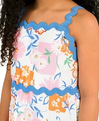 Rare Editions Girls' 7-16 Sateen Tropical Ric Rac Strap Bodice Dress