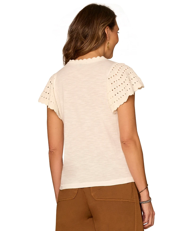 Democracy Petite Crochet-Trim Flutter-Sleeve Knit Top