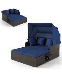 Gouun Outdoor Rattan Daybed with Retractable Canopy and Side Tables