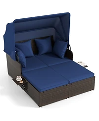 Gouun Outdoor Rattan Daybed with Retractable Canopy and Side Tables