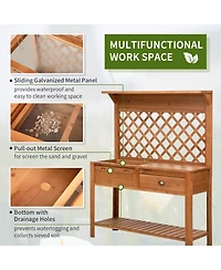 Garden Potting Bench Table Wooden Workstation w/ Metal Screen, Drawer