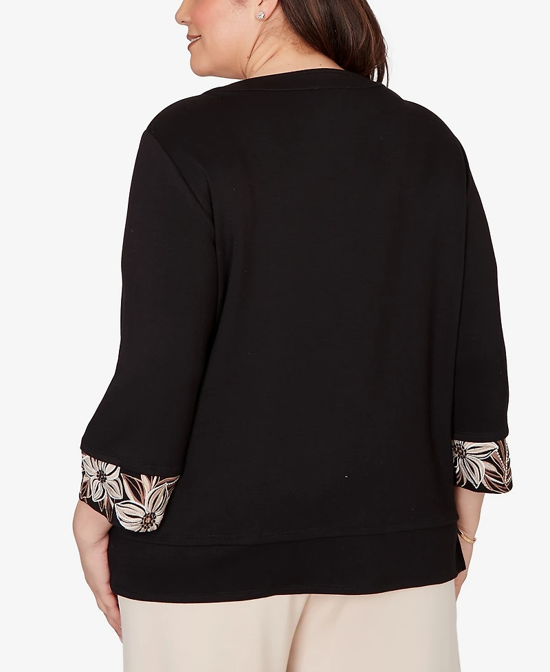 Alfred Dunner Plus Size Seville Bold Floral Border Trim Top with Necklace