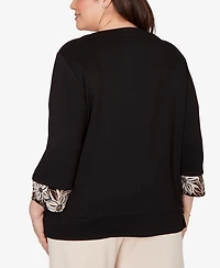 Alfred Dunner Plus Size Seville Bold Floral Border Trim Top with Necklace