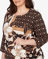Alfred Dunner Plus Seville Floral Geometric Patchwork Side Tie Top