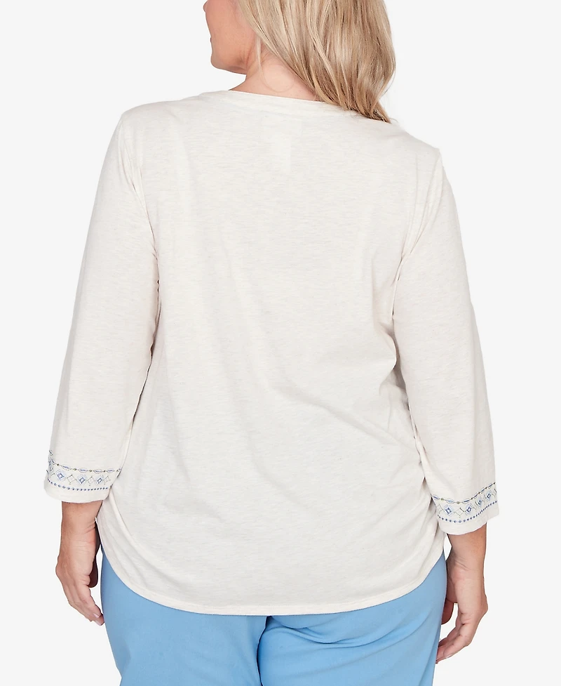 Alfred Dunner Plus St. Augustine Medallion Embroidered Ruched Henley Top