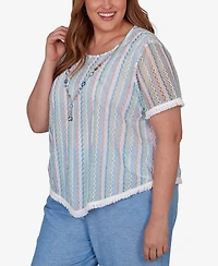 Alfred Dunner Plus Caribbean Blues Textured Stripe T-Shirt with Necklace