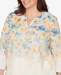 Alfred Dunner Plus Out of the Blue Falling Floral Three Quarter Sleeve Top