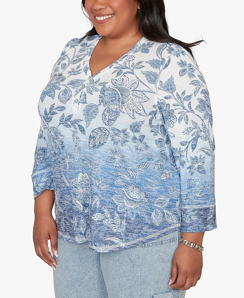 Alfred Dunner Plus Out of the Blue Ombre Batik Floral Henley Top