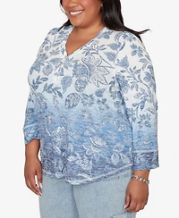 Alfred Dunner Plus Out of the Blue Ombre Batik Floral Henley Top