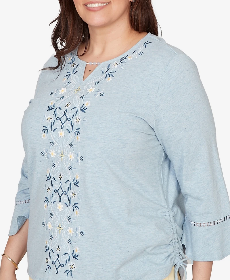 Alfred Dunner Plus Out of the Blue Center Scroll Embroidered Side Tie Top