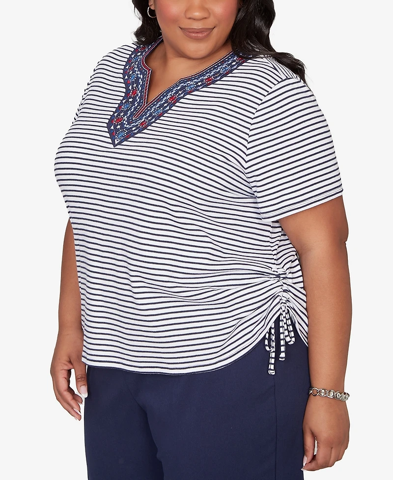 Alfred Dunner Plus Lady Liberty Embroidered Neck Striped Side Tie Top