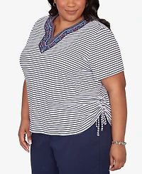 Alfred Dunner Plus Lady Liberty Embroidered Neck Striped Side Tie Top