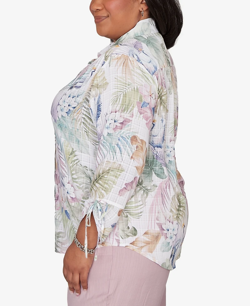 Alfred Dunner Plus Vintage Charm Tropical Button-Front Tie Sleeve Top