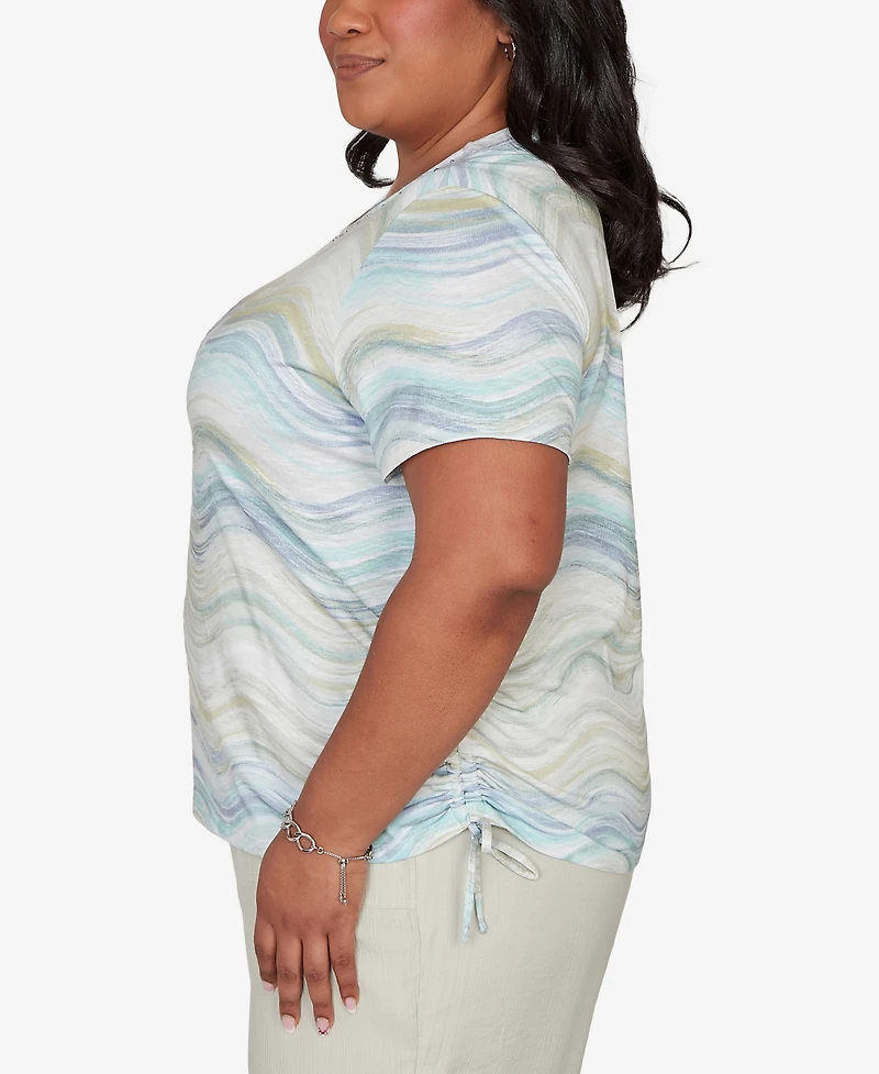 Alfred Dunner Plus Vintage Charm Wavy Biadere Side Tie Ruched T-Shirt