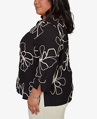 Alfred Dunner Plus Detail Driven Flower Soutache Three Quarter Sleeve Top