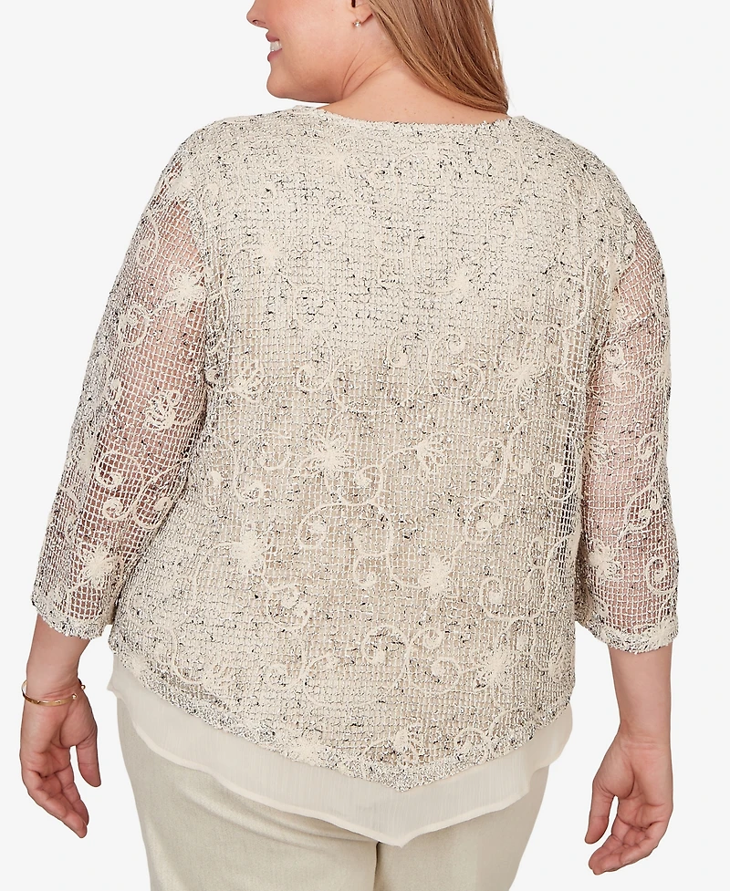 Alfred Dunner Plus Detail Driven Popcorn Mesh Pointed Hem Top with Necklace