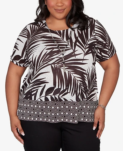Alfred Dunner Plus Detail Driven Tropical Diamond Border T-Shirt with Necklace