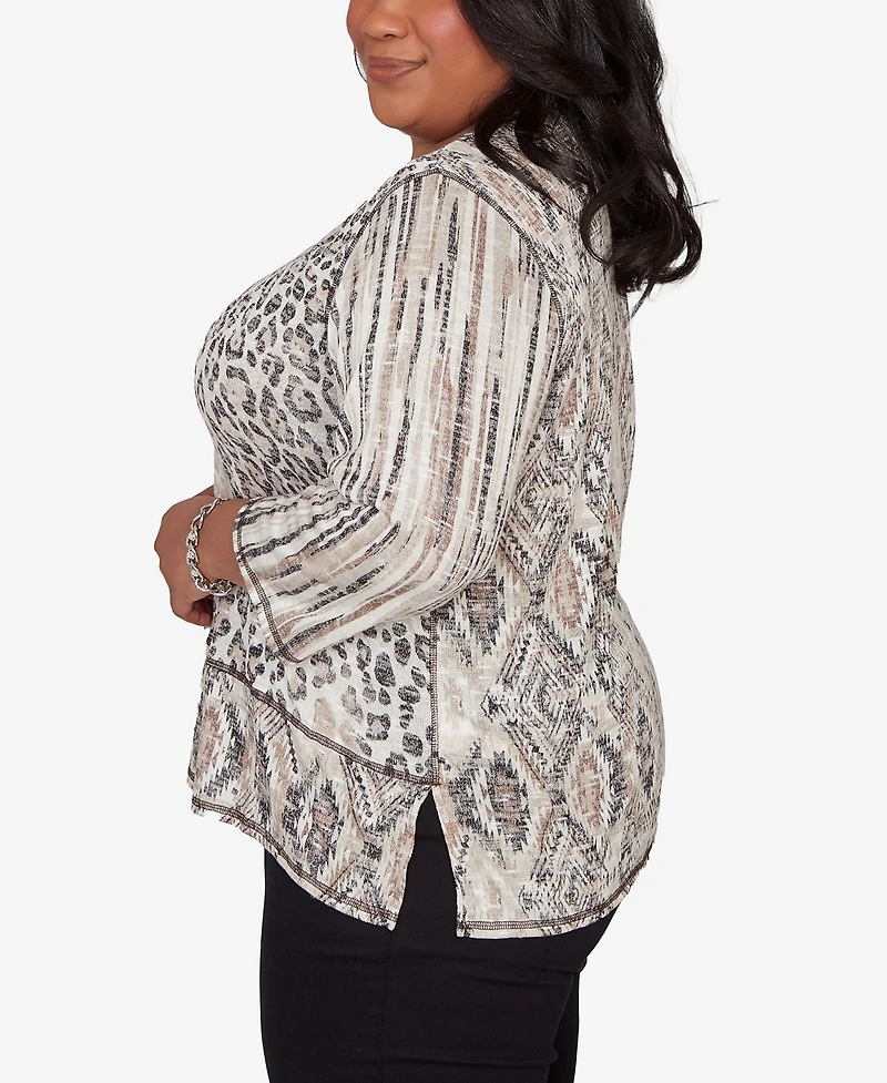 Alfred Dunner Plus Detail Driven Spliced Aztec Animal Skin Crewneck Top