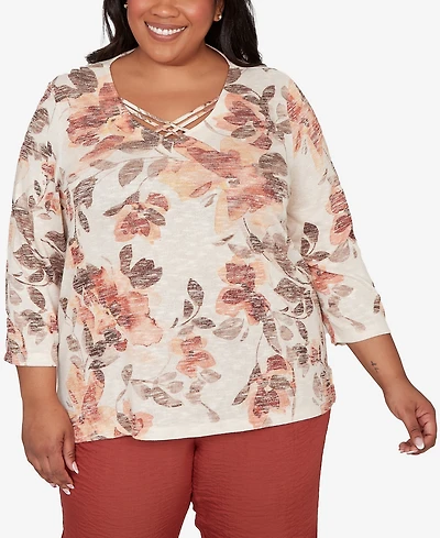 Alfred Dunner Plus Spice Market Embellished Neck Watercolor Floral Top