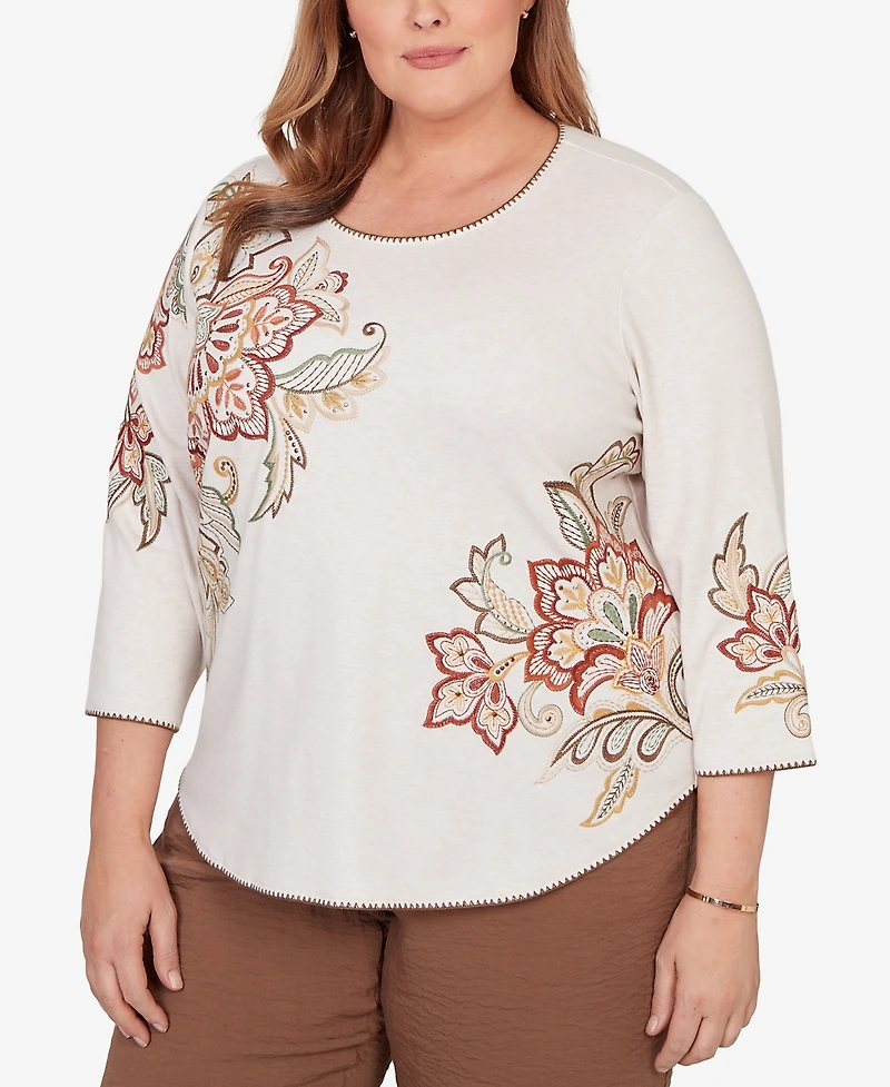 Alfred Dunner Plus Spice Market Asymmetrical Scroll Floral Round Hem Top