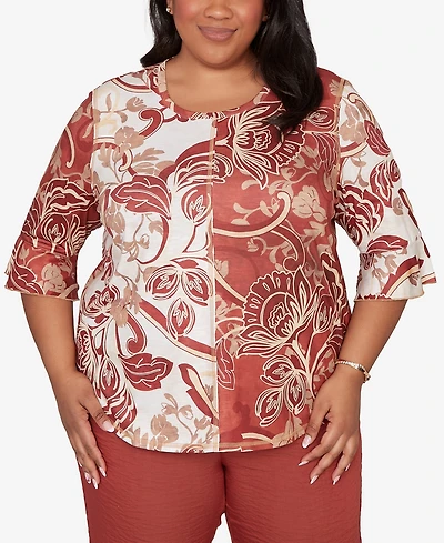Alfred Dunner Plus Spice Market Spliced Colors Scroll Print Top