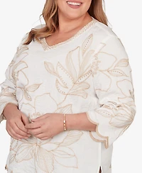 Alfred Dunner Plus Spice Market Embroidered Floral V-Neck Textured Top